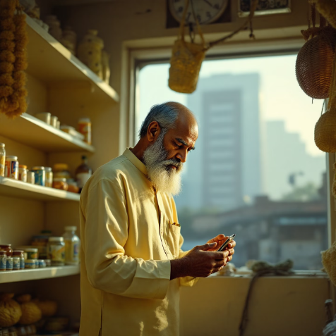 Elderly Kirana store owner learning to use smartphone for modern retail solutions